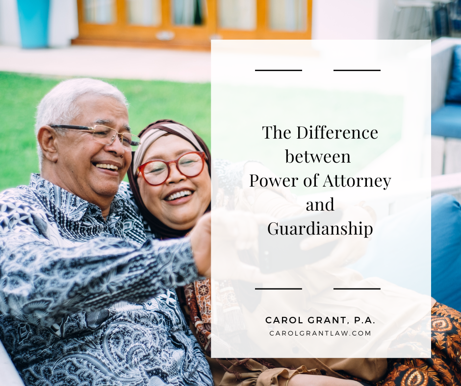 Two senior citizens sit comfortably outside; the text on the image reflects the title of the post: The difference between power of attorney and guardianship