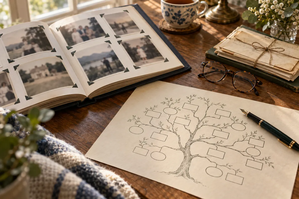 affidavit-of-heirs-florida-intestate-estate Family tree sketch and photo album on a table, representing identifying heirs for a Florida Affidavit of Heirs