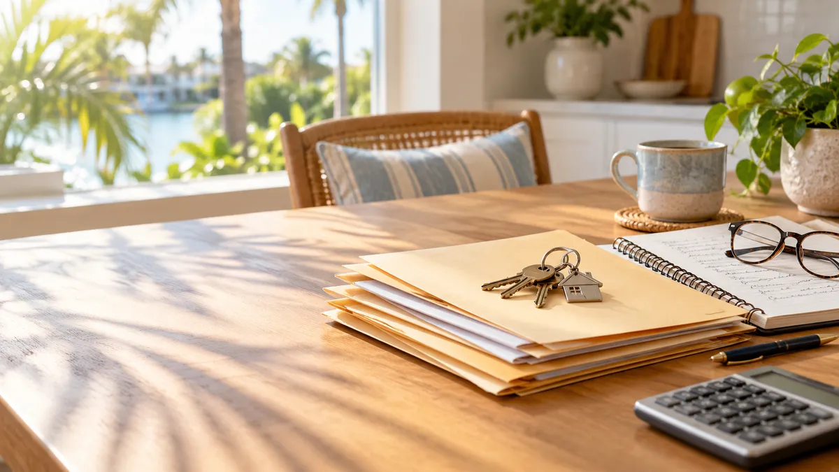 fiduciary duties in Florida img House keys, estate paperwork, and a notebook on a kitchen table, representing a personal representative's duties in a Florida probate estate