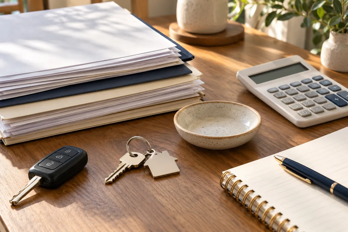 Estate papers, house key, and car key on a desk, showing assets that count toward Florida probate thresholds
