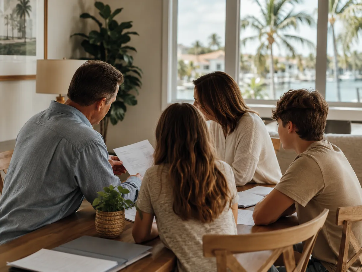 probate-avoidance-strategies-florida img Florida family reviewing probate avoidance strategies including a living trust and deed
