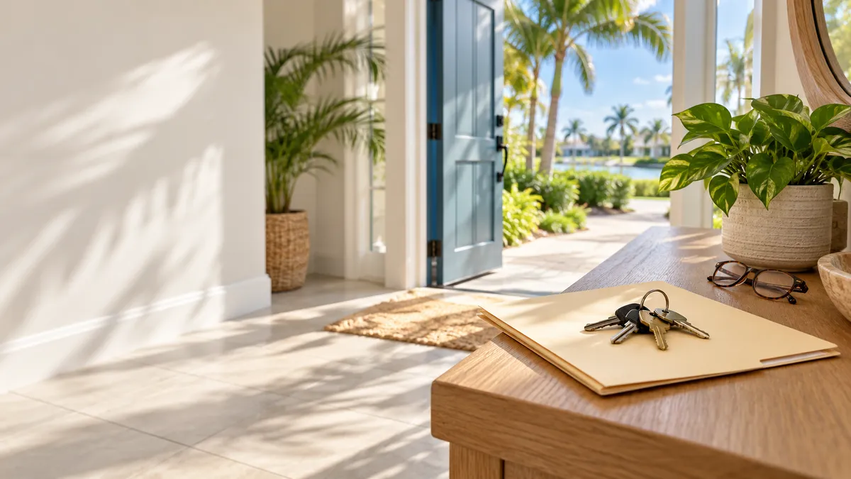 House keys and a folder on an entryway table in a sunny Florida home, representing selling a house during probate in Florida.